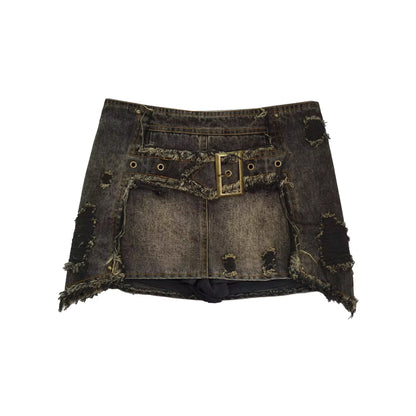 Chinese Clothing Cest Nous Update Vintage Cross Patchwork Distressed Denim A Line Skirt MISSTT