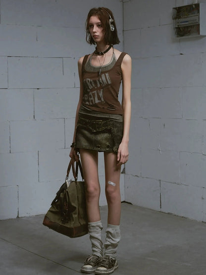 Chinese Clothing Cest Nous Update Vintage Cross Patchwork Distressed Denim A Line Skirt