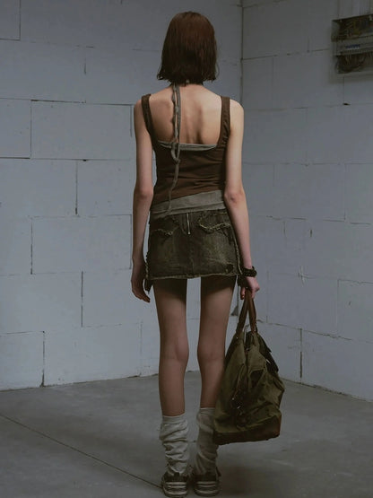 Chinese Clothing Cest Nous Update Vintage Cross Patchwork Distressed Denim A Line Skirt