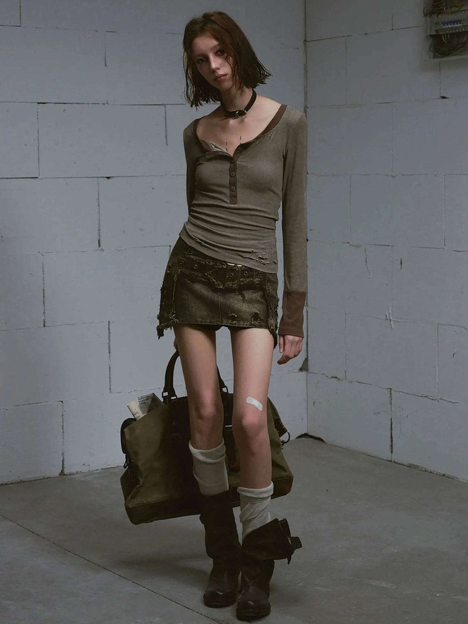 Chinese Clothing Cest Nous Update Vintage Cross Patchwork Distressed Denim A Line Skirt