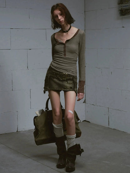 Chinese Clothing Cest Nous Update Vintage Cross Patchwork Distressed Denim A Line Skirt