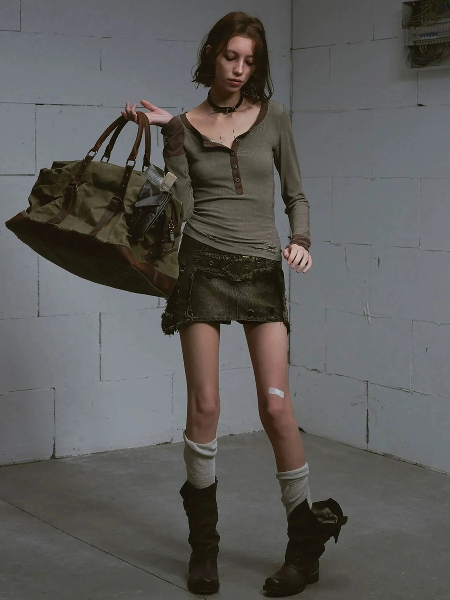 Chinese Clothing Cest Nous Update Vintage Cross Patchwork Distressed Denim A Line Skirt