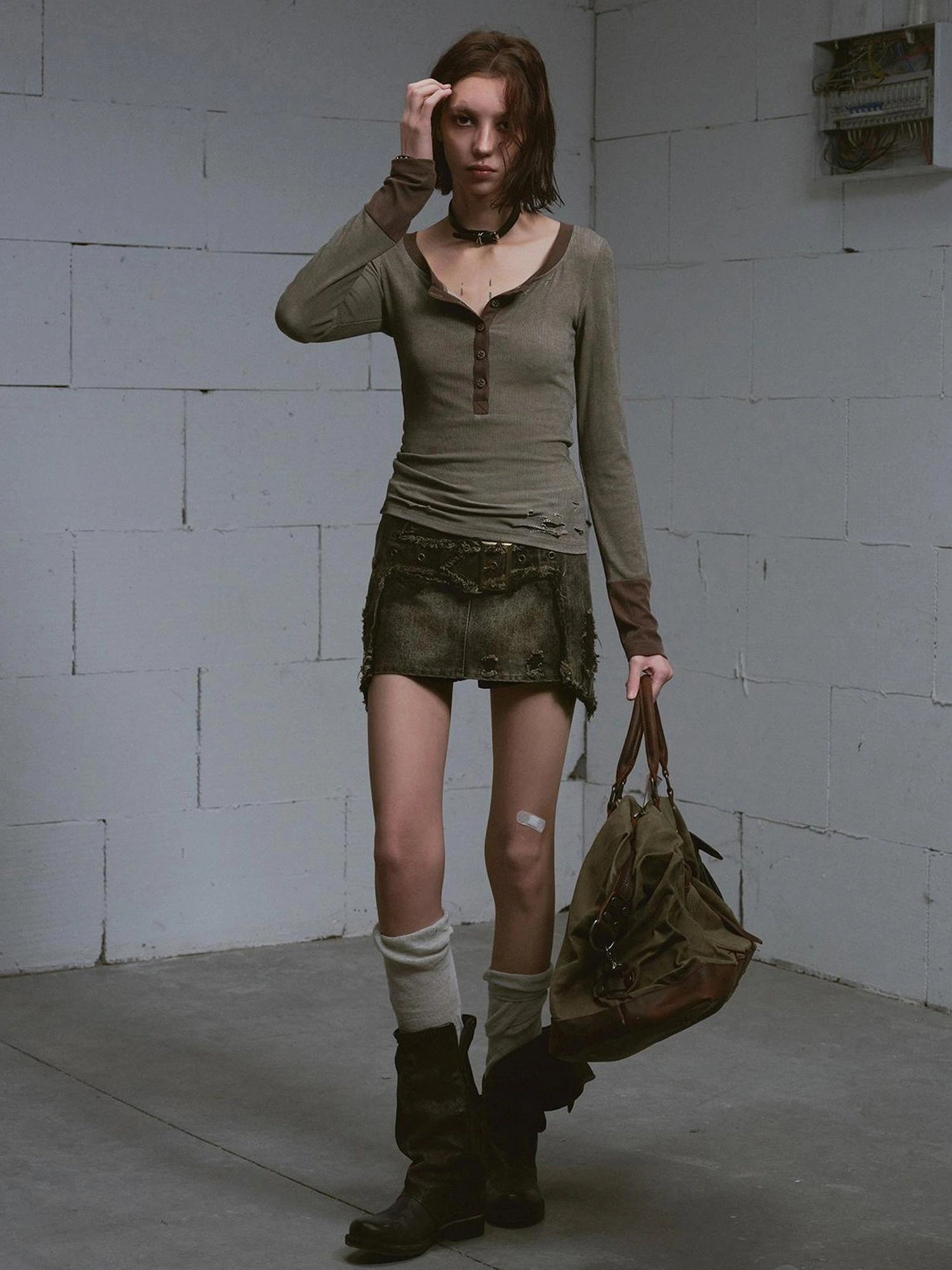 Chinese Clothing Cest Nous Update Vintage Cross Patchwork Distressed Denim A Line Skirt