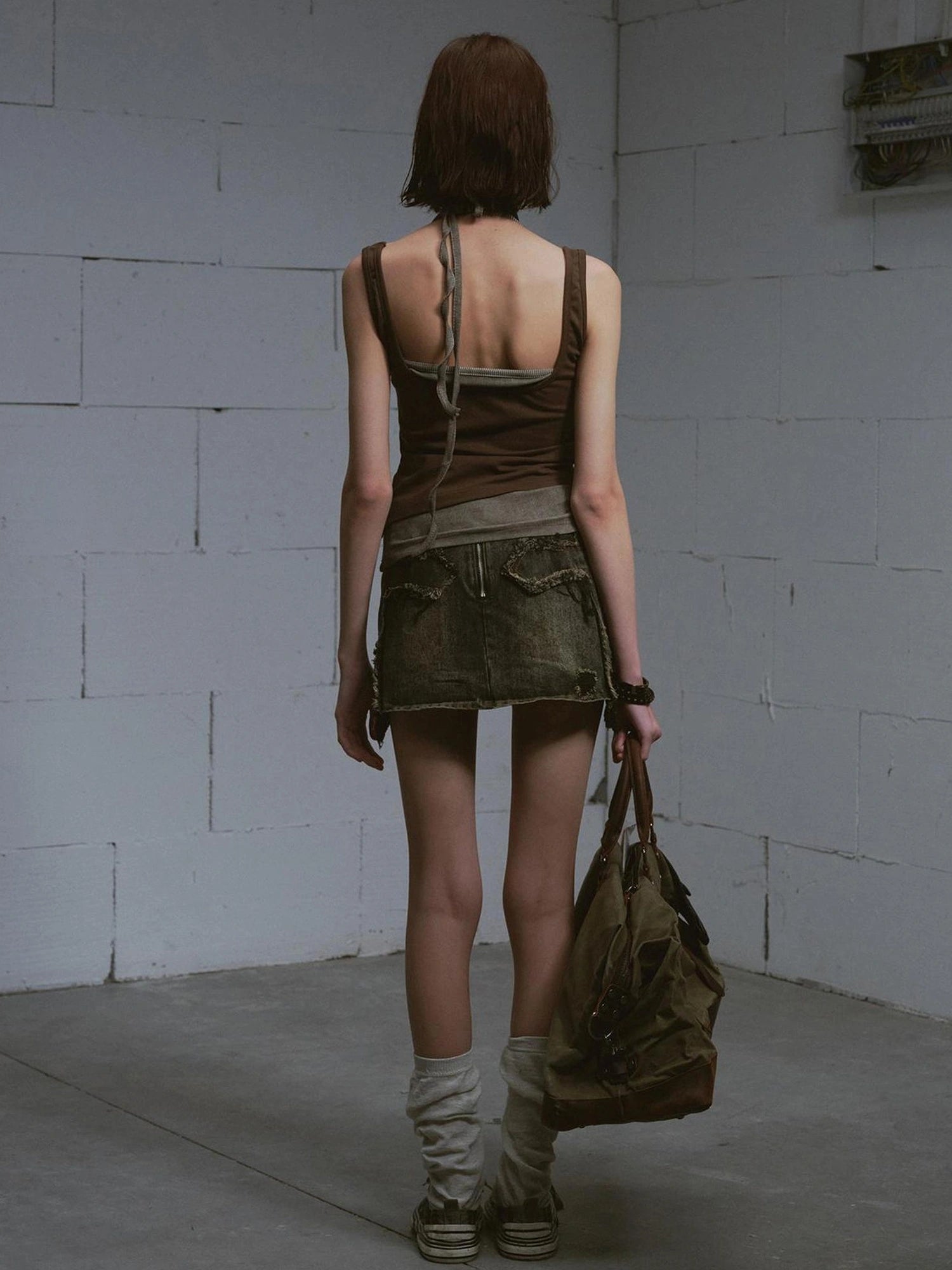 Chinese Clothing Cest Nous Update Vintage Cross Patchwork Distressed Denim A Line Skirt