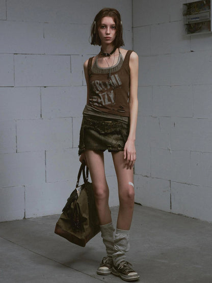 Chinese Clothing Cest Nous Update Vintage Cross Patchwork Distressed Denim A Line Skirt