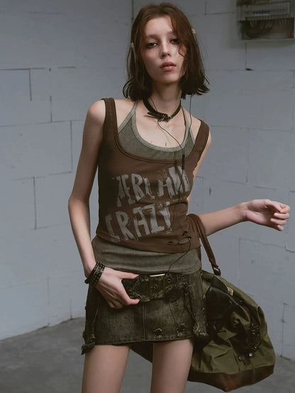 Chinese Clothing Cest Nous Update Vintage Cross Patchwork Distressed Denim A Line Skirt