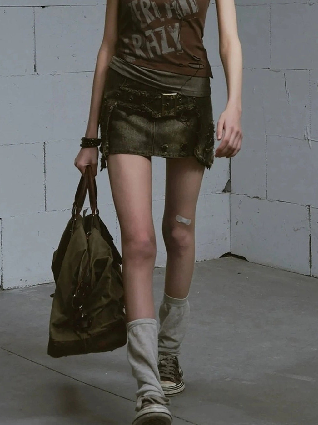 Chinese Clothing Cest Nous Update Vintage Cross Patchwork Distressed Denim A Line Skirt