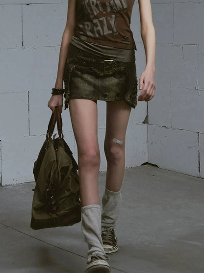 Chinese Clothing Cest Nous Update Vintage Cross Patchwork Distressed Denim A Line Skirt