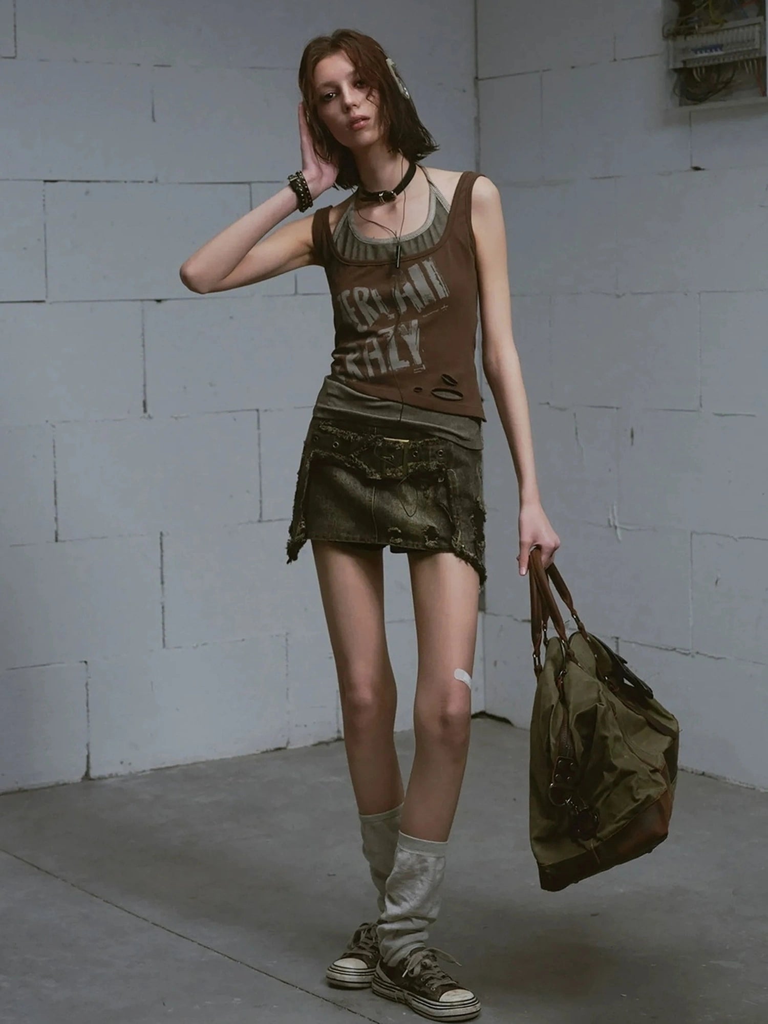 Chinese Clothing Cest Nous Update Vintage Cross Patchwork Distressed Denim A Line Skirt