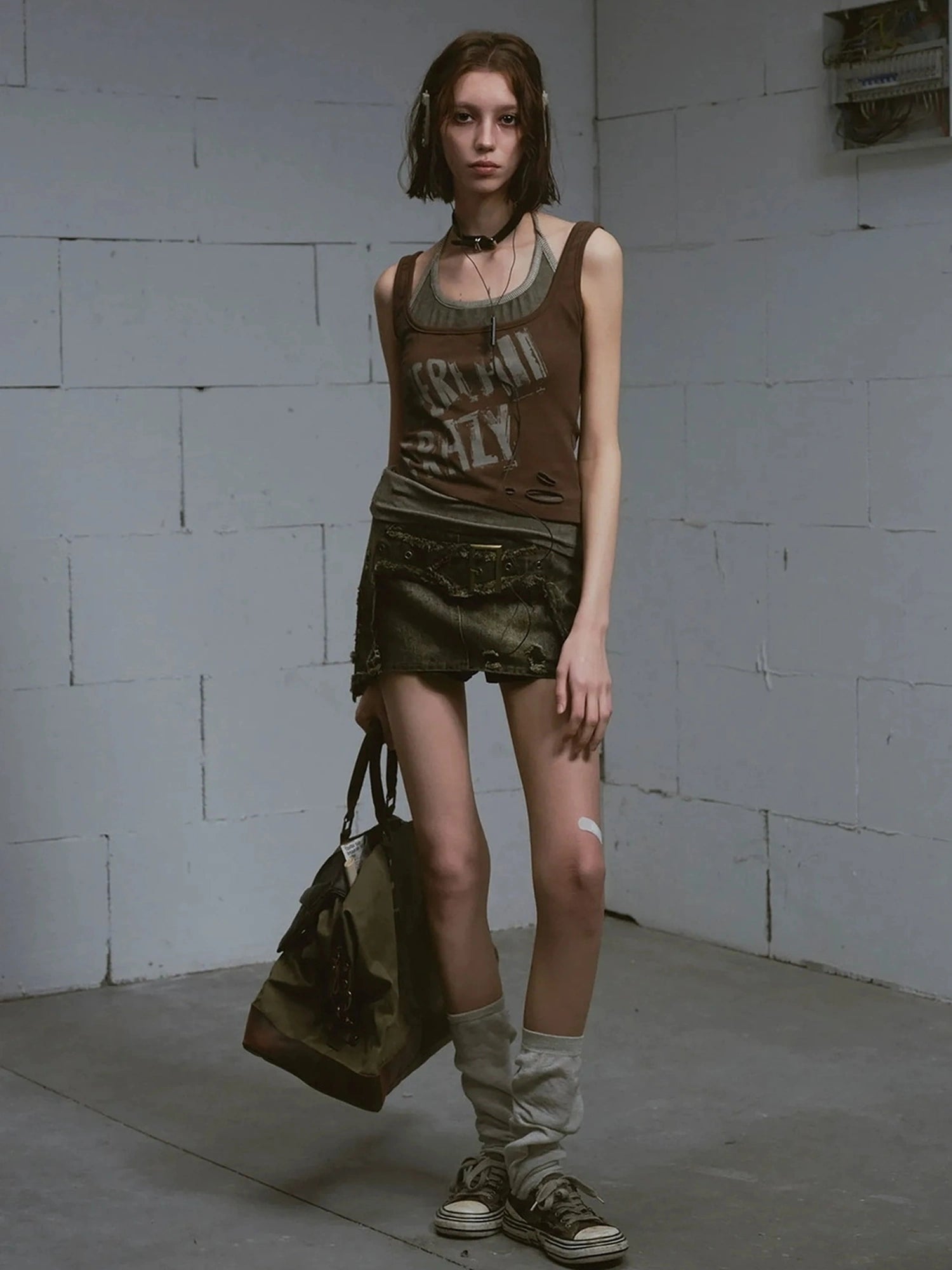 Chinese Clothing Cest Nous Update Vintage Cross Patchwork Distressed Denim A Line Skirt