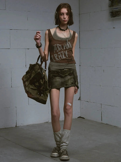 Chinese Clothing Cest Nous Update Vintage Cross Patchwork Distressed Denim A Line Skirt