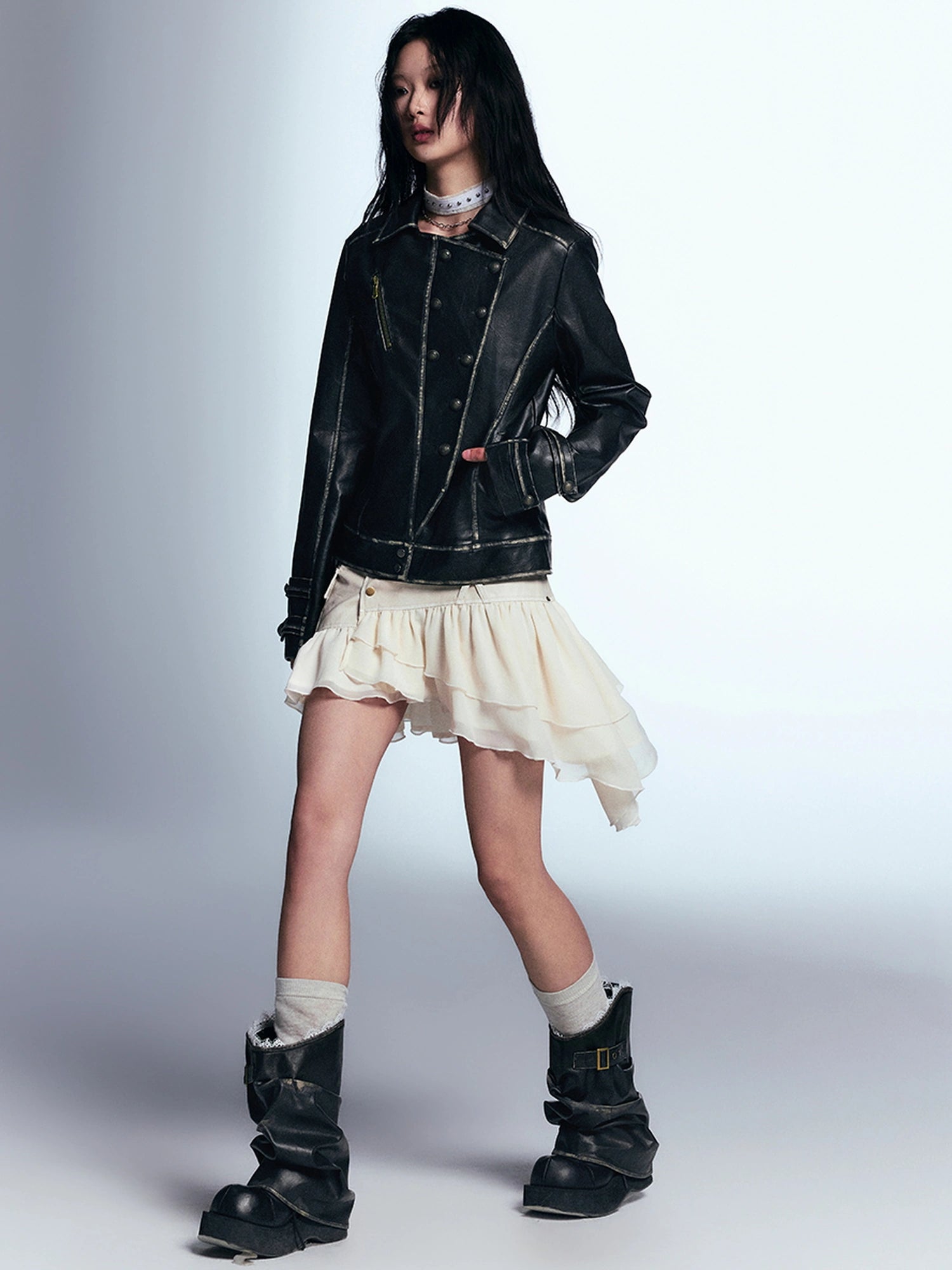 Chinese Clothing Cest Nous Update Vintage Distressed Leather Chiffon Asymmetrical Skirt