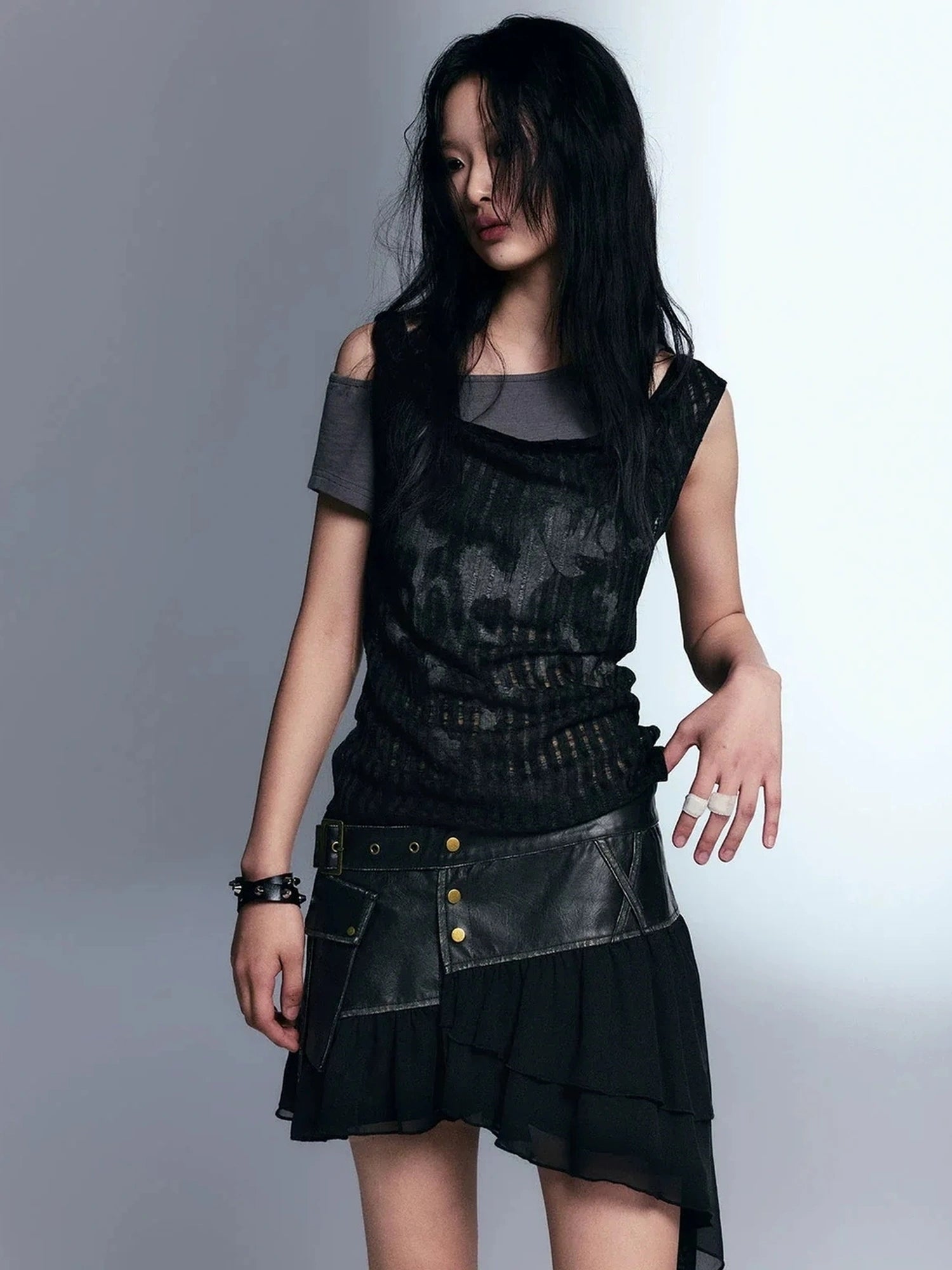 Chinese Clothing Cest Nous Update Vintage Distressed Leather Chiffon Asymmetrical Skirt