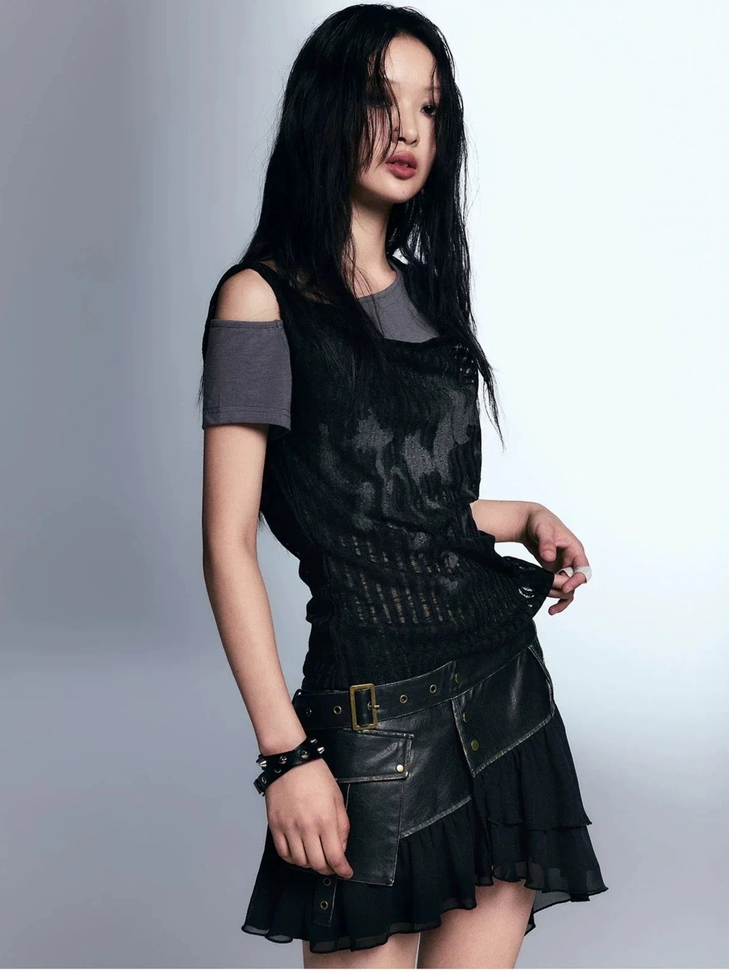 Chinese Clothing Cest Nous Update Vintage Distressed Leather Chiffon Asymmetrical Skirt