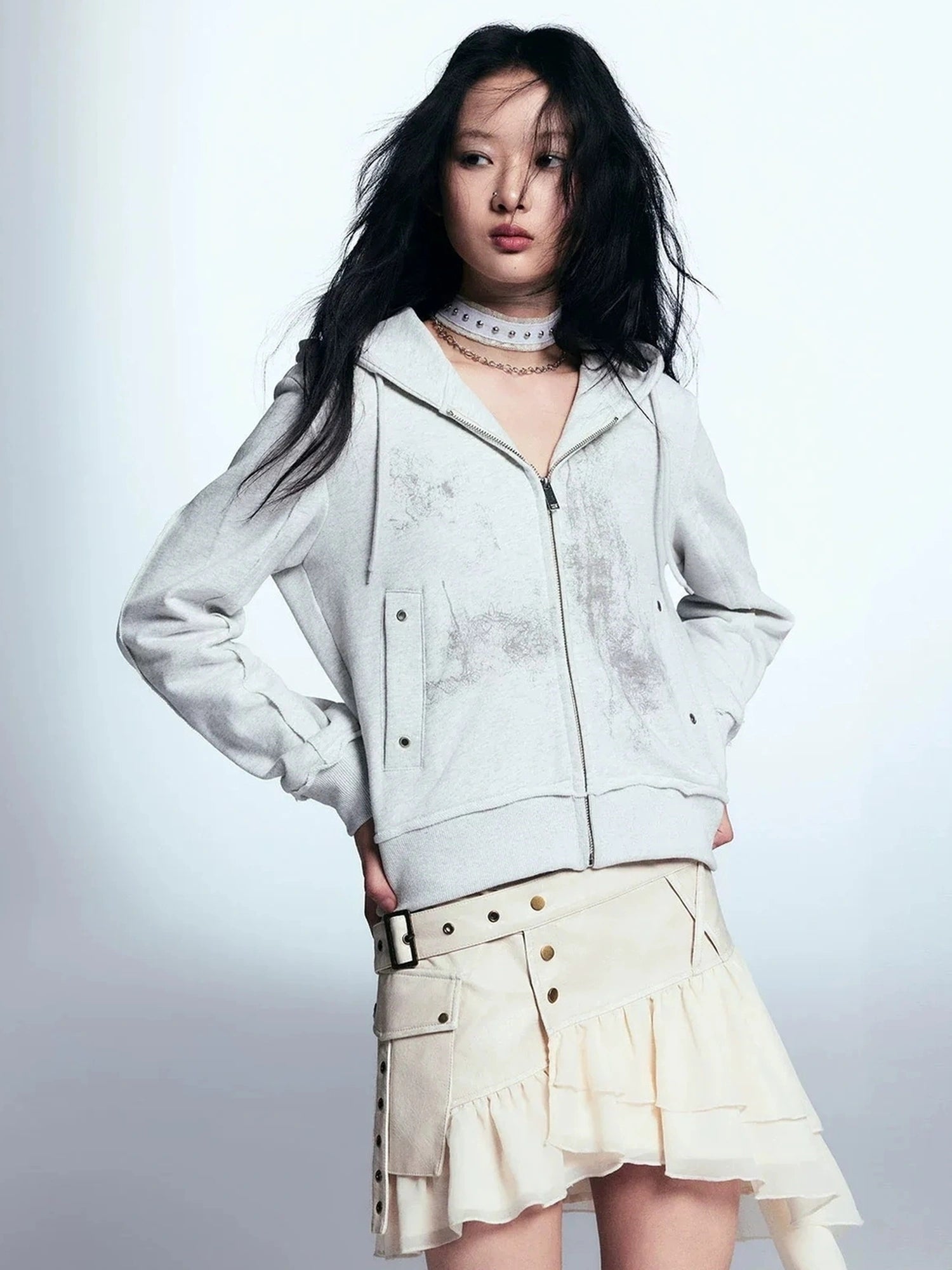 Chinese Clothing Cest Nous Update Vintage Distressed Leather Chiffon Asymmetrical Skirt