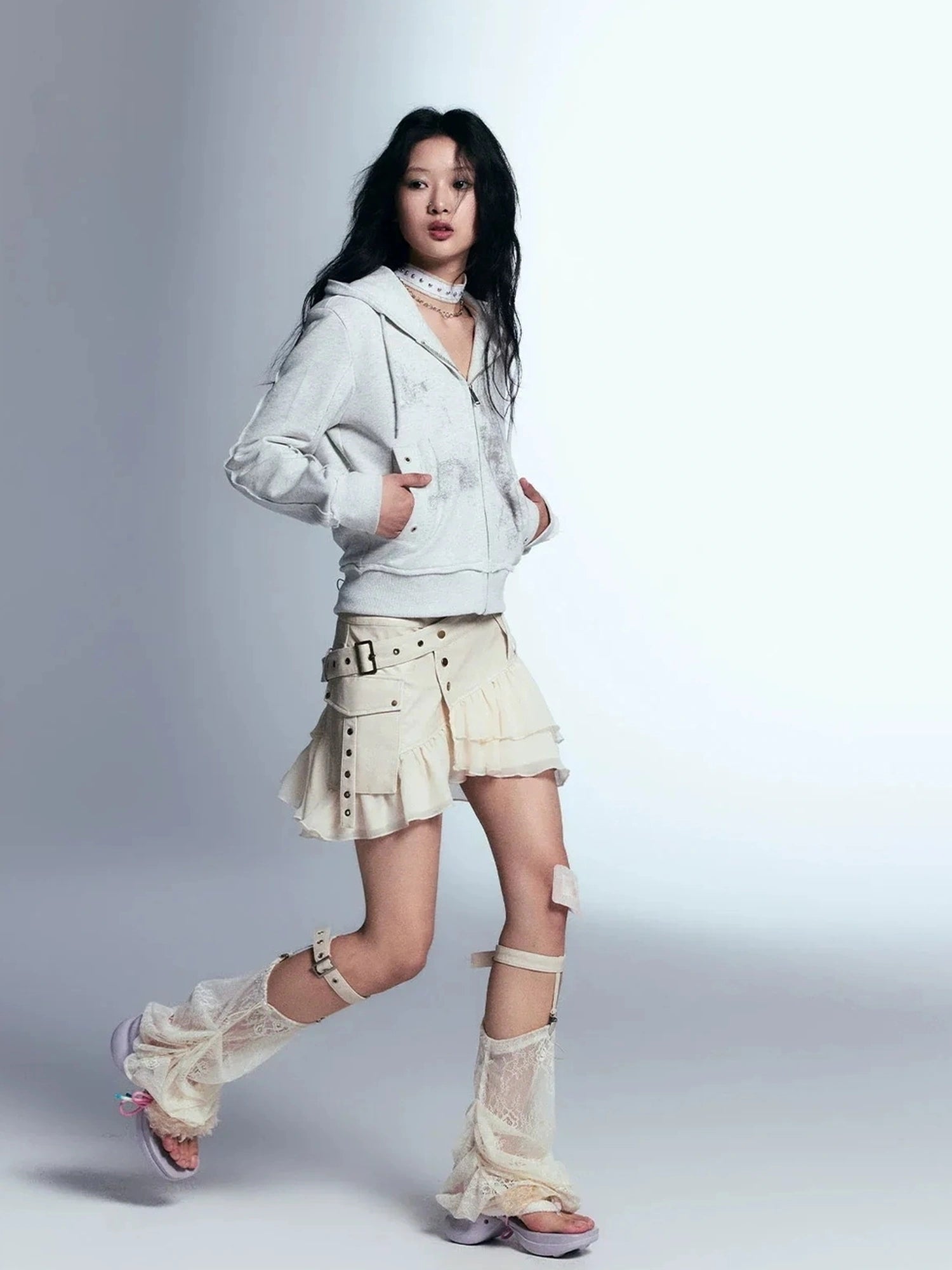 Chinese Clothing Cest Nous Update Vintage Distressed Leather Chiffon Asymmetrical Skirt