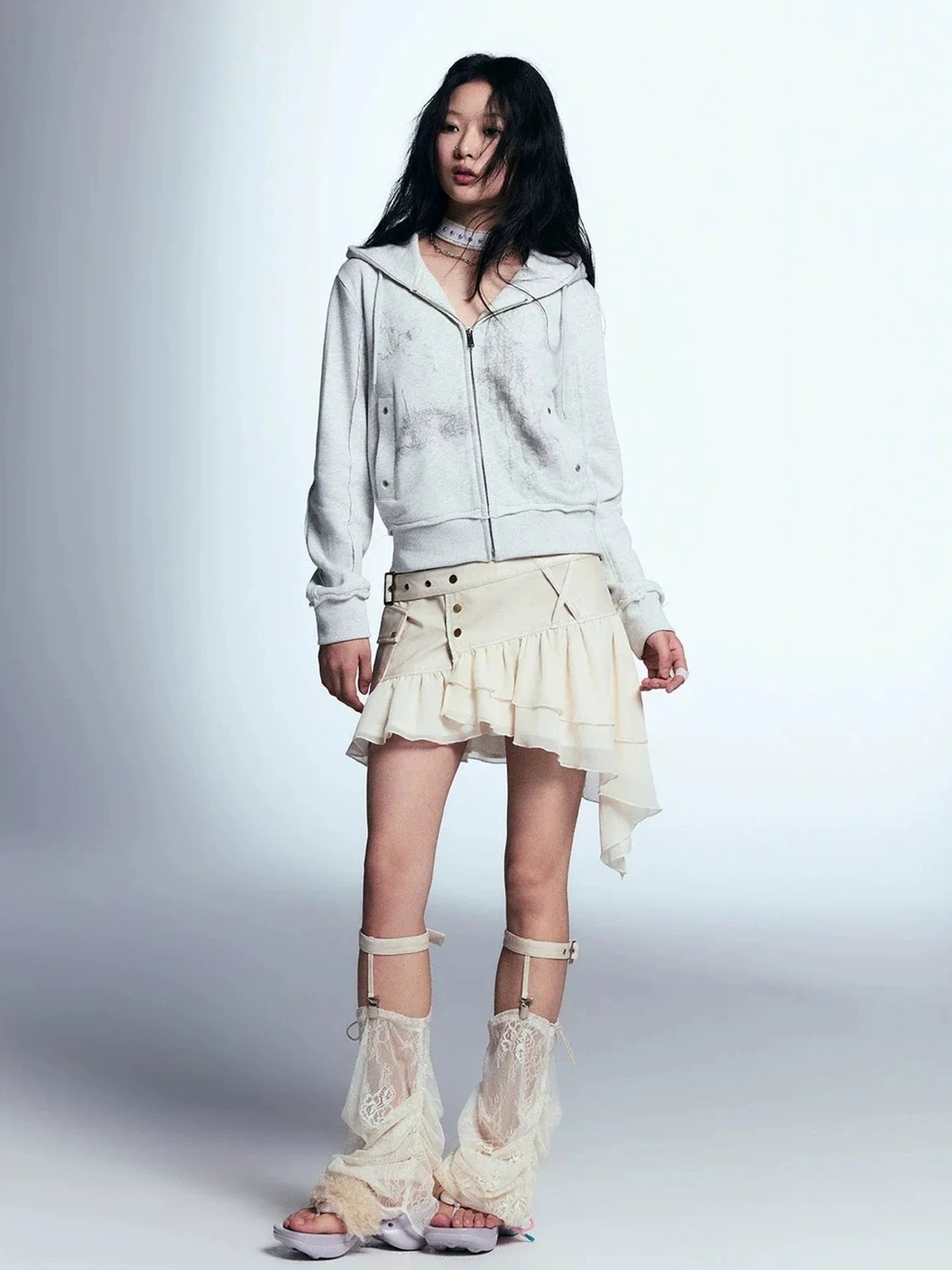 Chinese Clothing Cest Nous Update Vintage Distressed Leather Chiffon Asymmetrical Skirt