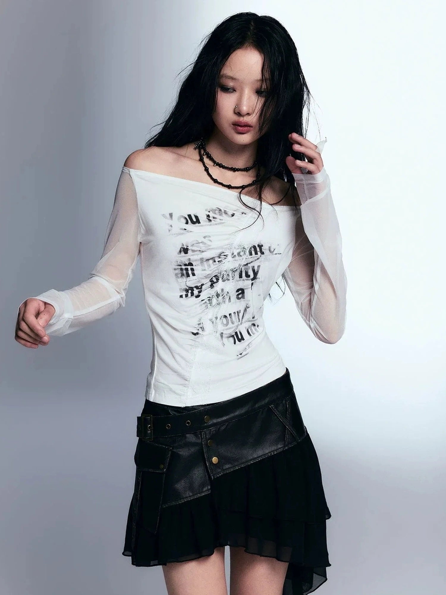 Chinese Clothing Cest Nous Update Vintage Distressed Leather Chiffon Asymmetrical Skirt