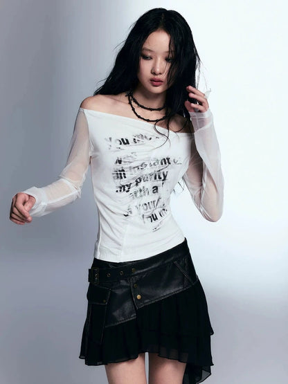 Chinese Clothing Cest Nous Update Vintage Distressed Leather Chiffon Asymmetrical Skirt