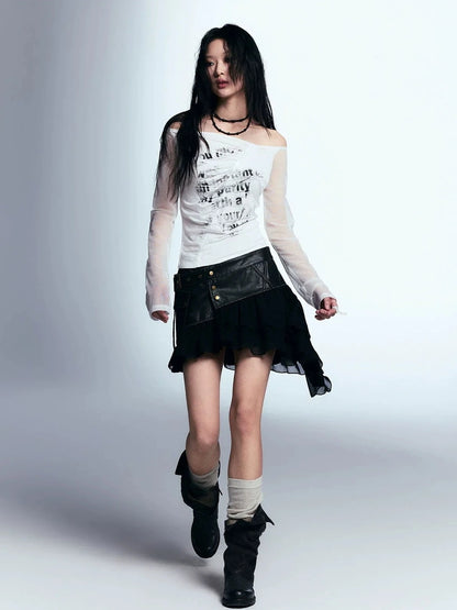 Chinese Clothing Cest Nous Update Vintage Distressed Leather Chiffon Asymmetrical Skirt