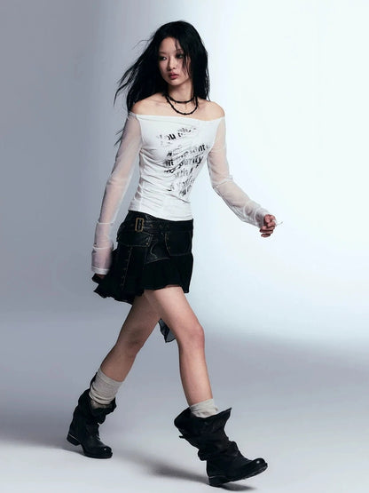 Chinese Clothing Cest Nous Update Vintage Distressed Leather Chiffon Asymmetrical Skirt