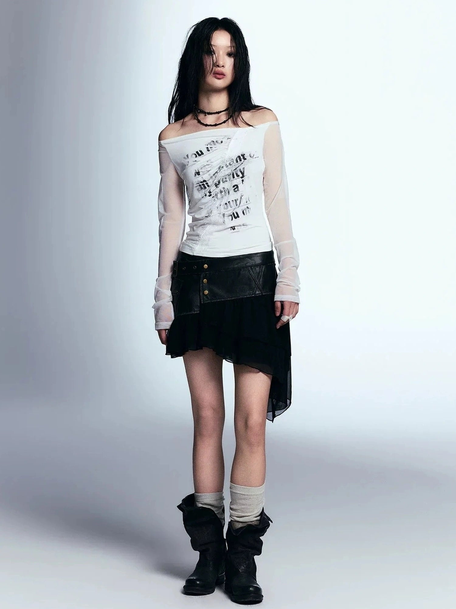 Chinese Clothing Cest Nous Update Vintage Distressed Leather Chiffon Asymmetrical Skirt