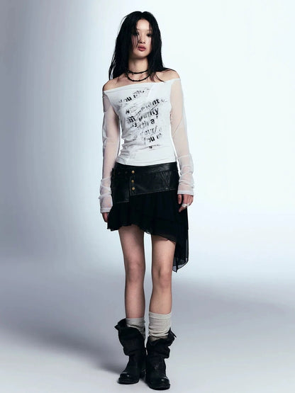 Chinese Clothing Cest Nous Update Vintage Distressed Leather Chiffon Asymmetrical Skirt