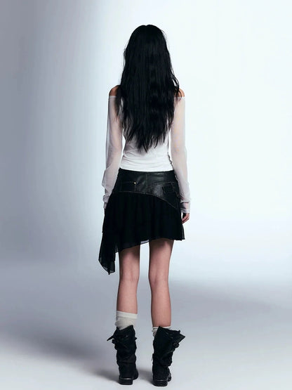Chinese Clothing Cest Nous Update Vintage Distressed Leather Chiffon Asymmetrical Skirt