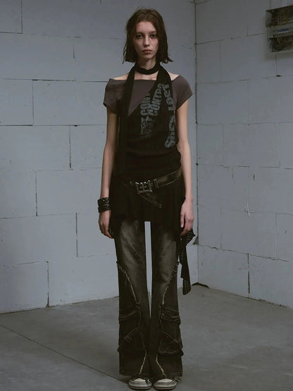 Chinese Clothing Cest Nous Update Vintage Distressed Raw Hem Flared Jeans