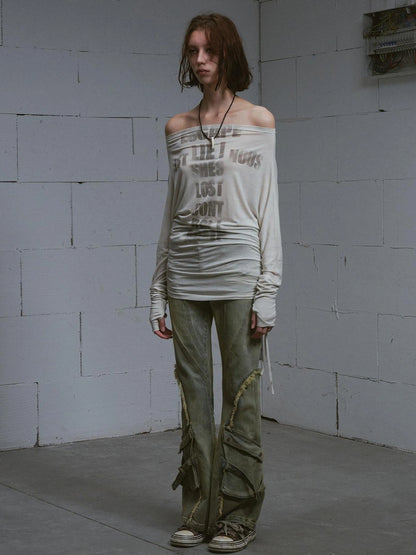 Chinese Clothing Cest Nous Update Vintage Distressed Raw Hem Flared Jeans