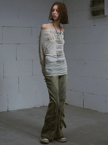 Chinese Clothing Cest Nous Update Vintage Distressed Raw Hem Flared Jeans