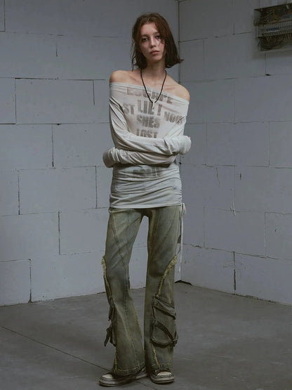 Chinese Clothing Cest Nous Update Vintage Distressed Raw Hem Flared Jeans