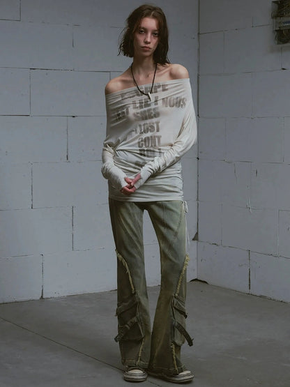 Chinese Clothing Cest Nous Update Vintage Distressed Raw Hem Flared Jeans