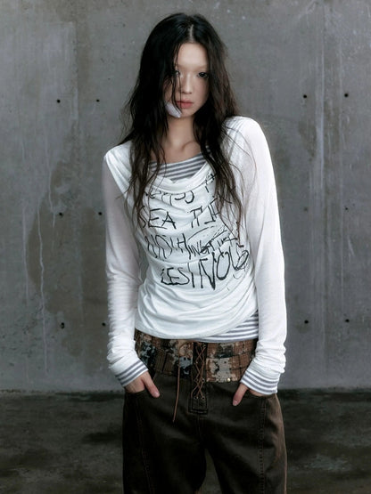 Chinese Clothing Cest Nous Update Vintage Drape Collar Graffiti Knit Top