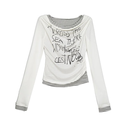 Chinese Clothing Cest Nous Update Vintage Drape Collar Graffiti Knit Top MISSTT