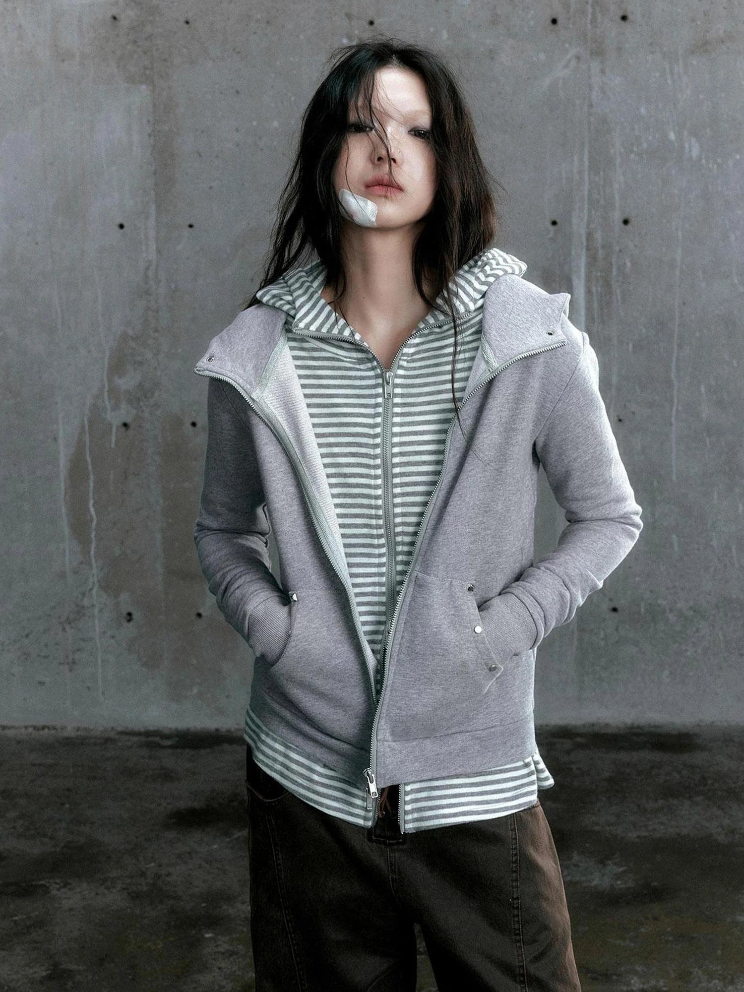 Chinese Clothing Cest Nous Update Vintage Studded Two Tone Zip Hoodie