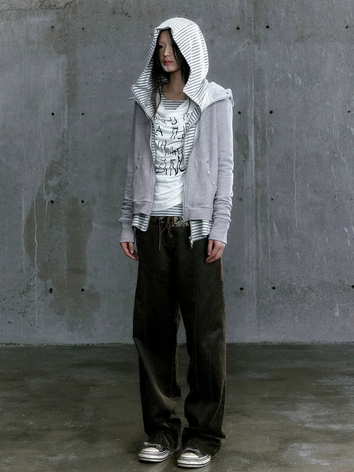 Chinese Clothing Cest Nous Update Vintage Studded Two Tone Zip Hoodie