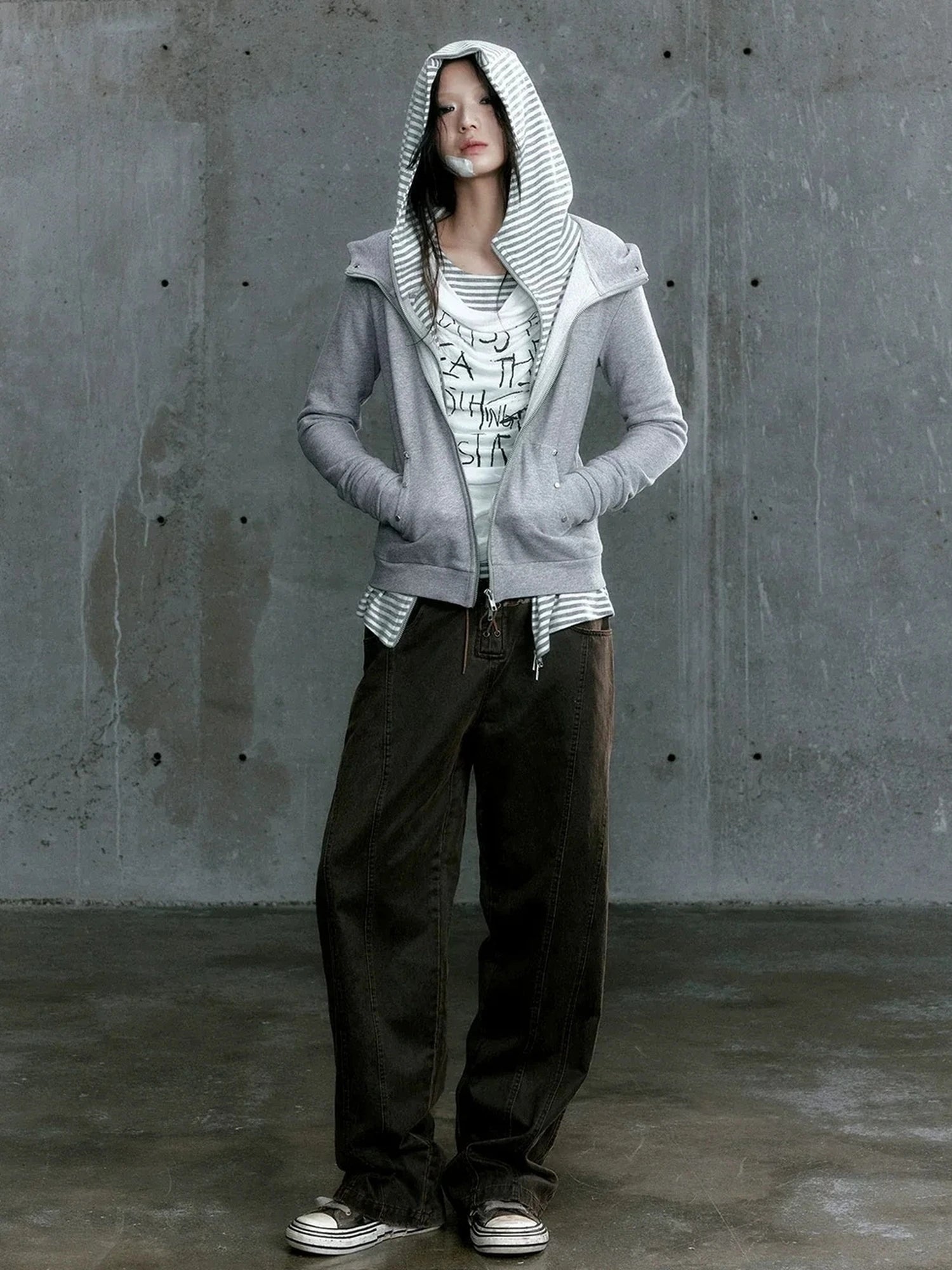 Chinese Clothing Cest Nous Update Vintage Studded Two Tone Zip Hoodie