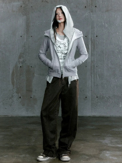 Chinese Clothing Cest Nous Update Vintage Studded Two Tone Zip Hoodie