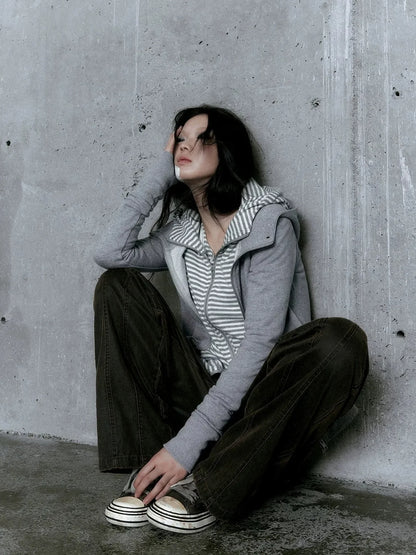 Chinese Clothing Cest Nous Update Vintage Studded Two Tone Zip Hoodie