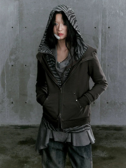 Chinese Clothing Cest Nous Update Vintage Studded Two Tone Zip Hoodie