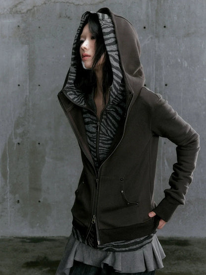 Chinese Clothing Cest Nous Update Vintage Studded Two Tone Zip Hoodie