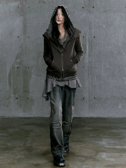 Chinese Clothing Cest Nous Update Vintage Studded Two Tone Zip Hoodie