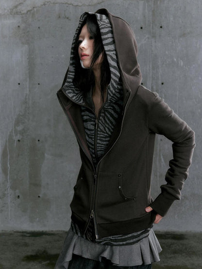 Chinese Clothing Cest Nous Update Vintage Studded Two Tone Zip Hoodie