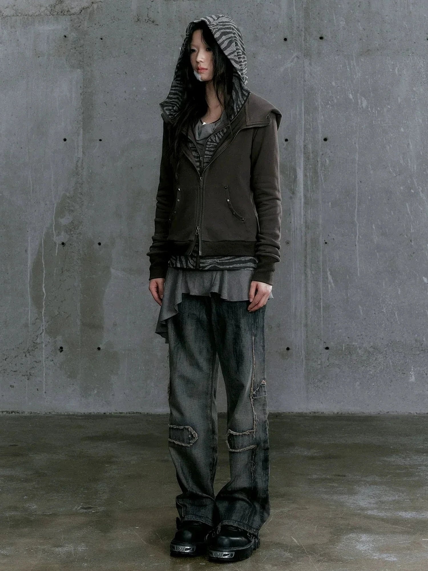 Chinese Clothing Cest Nous Update Vintage Studded Two Tone Zip Hoodie