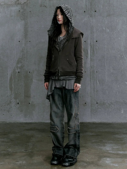 Chinese Clothing Cest Nous Update Vintage Studded Two Tone Zip Hoodie