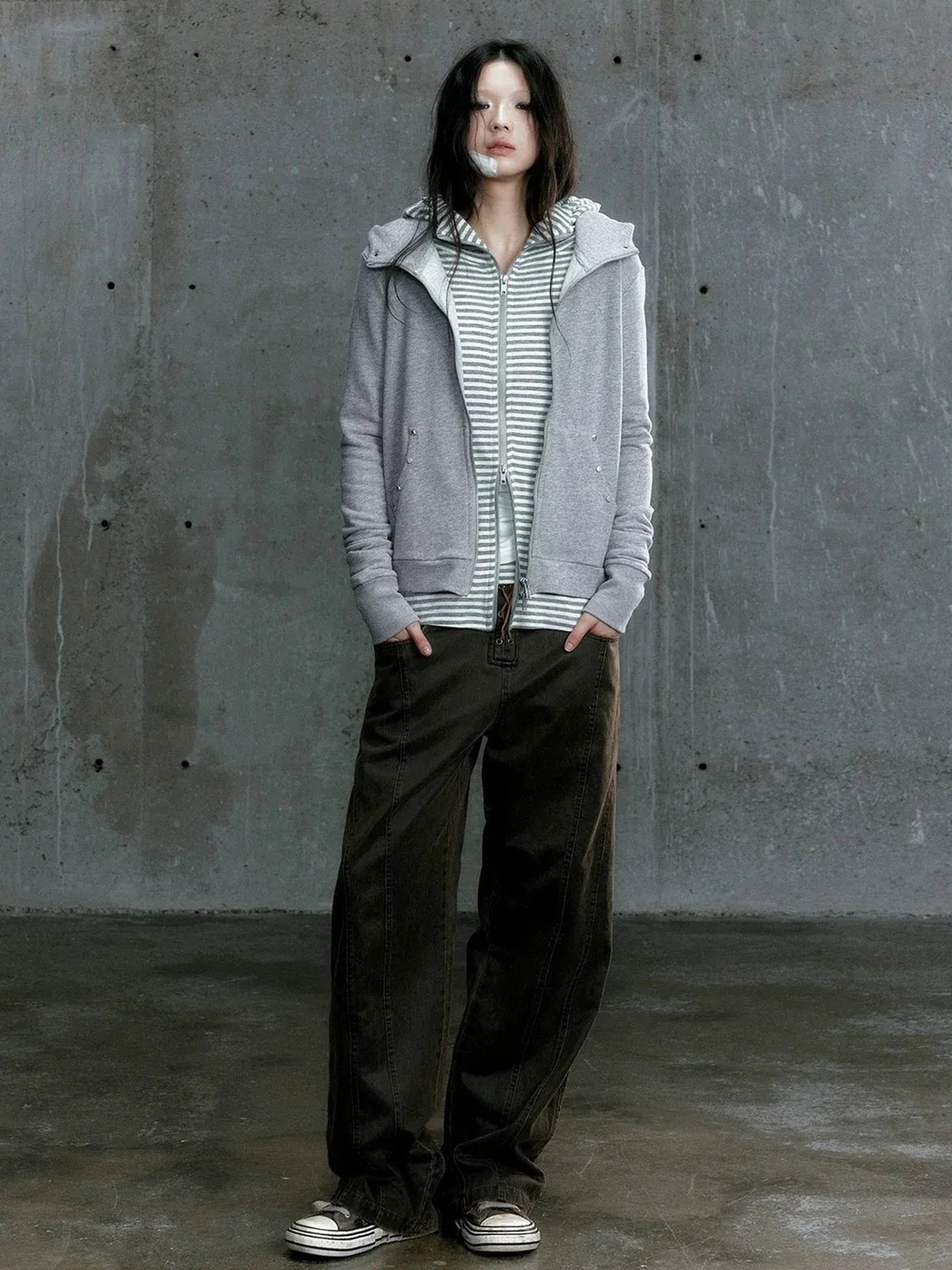 Chinese Clothing Cest Nous Update Vintage Studded Two Tone Zip Hoodie