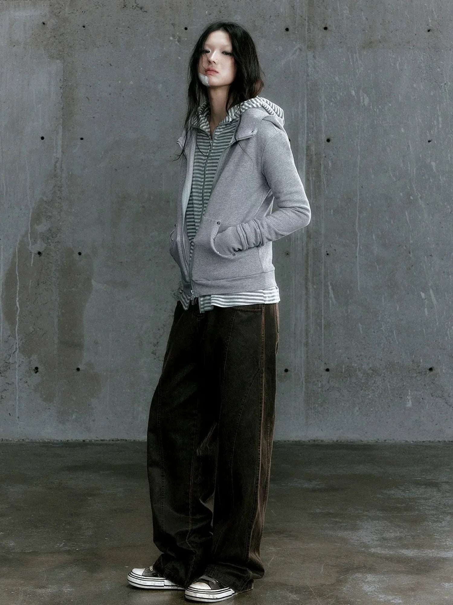 Chinese Clothing Cest Nous Update Vintage Studded Two Tone Zip Hoodie