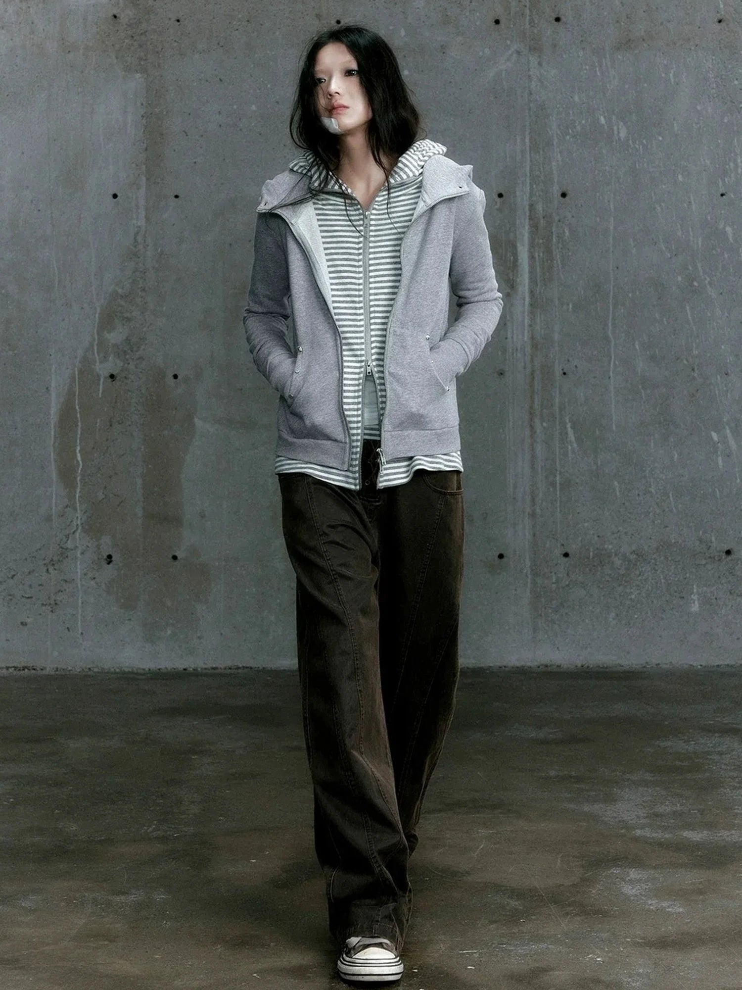 Chinese Clothing Cest Nous Update Vintage Studded Two Tone Zip Hoodie