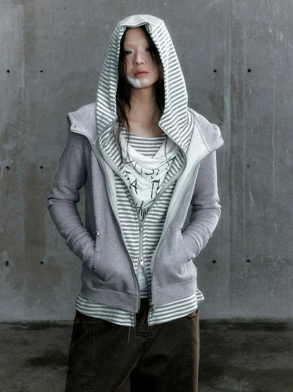 Chinese Clothing Cest Nous Update Vintage Studded Two Tone Zip Hoodie